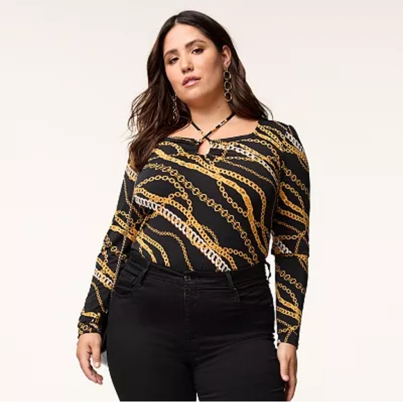 INTEMPO Long Sleeve Halter Bodysuit, Black Gold Chains Print, Plus Size 2X - Picture 2 of 4